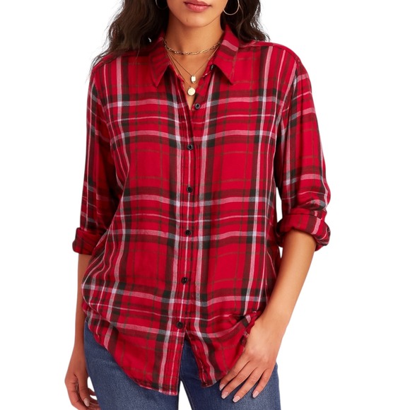 Lauren Ralph Lauren Red Plaid Button Front Shirt Viscose Long Sleeve Women's L - Picture 1 of 7